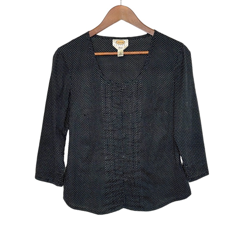Black & White Polka Dot Print Pleated Front Button Down 3/4 Sleeve Top